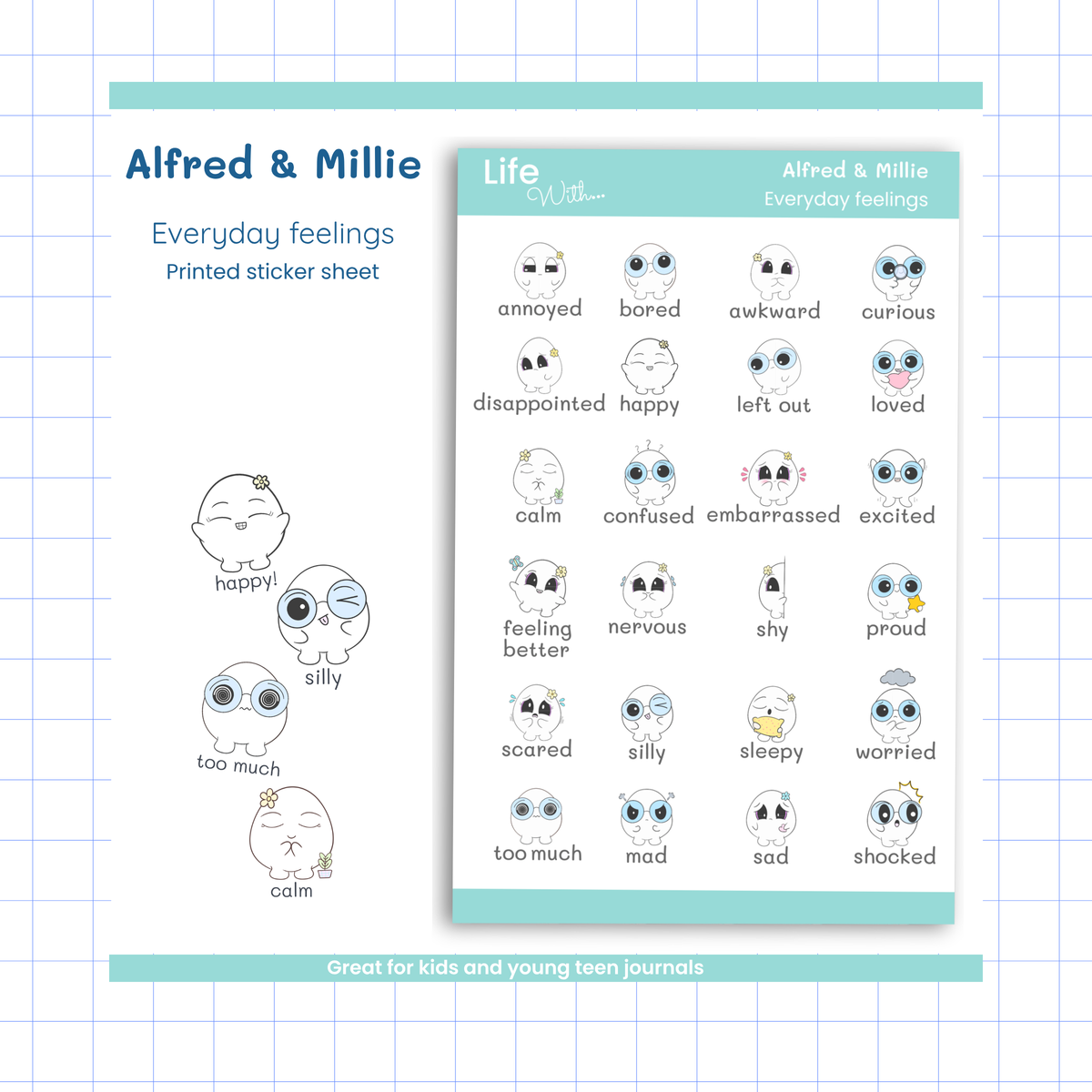 Everyday Feelings Sticker Sheet – 24 Character Stickers for Journals + Planners – Alfred & Millie