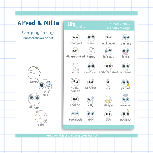 Everyday Feelings Sticker Sheet – 24 Character Stickers for Journals + Planners – Alfred & Millie