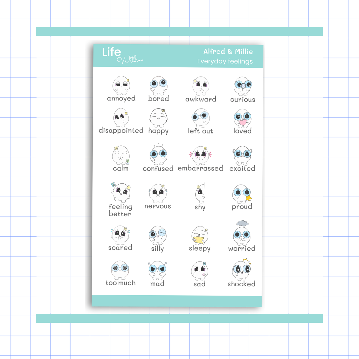 Everyday Feelings Sticker Sheet – 24 Character Stickers for Journals + Planners – Alfred & Millie